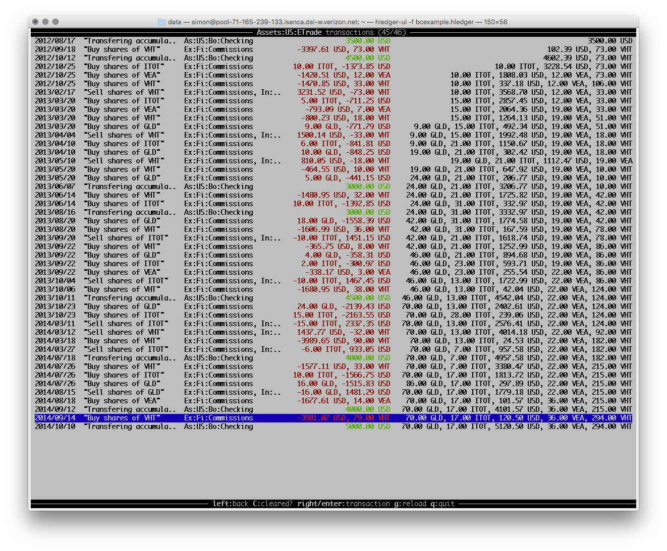 beancount example's etrade investments, all commoditiess