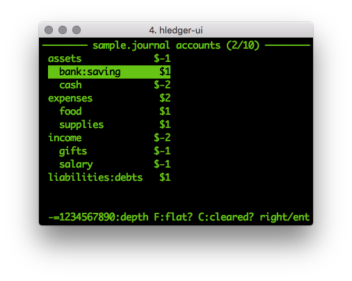 Accounts screen with greenterm theme